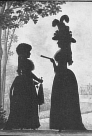 Herzogin Anna Amalia (rechts) mit ihrer ersten Hofdame Luise von Göchhausen (links) im Park - Getuschte Silhouette von Starke um 1780